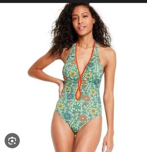 RHODE x Target One Piece Swimsuit XL Green Floral High Leg Cheeky NWT